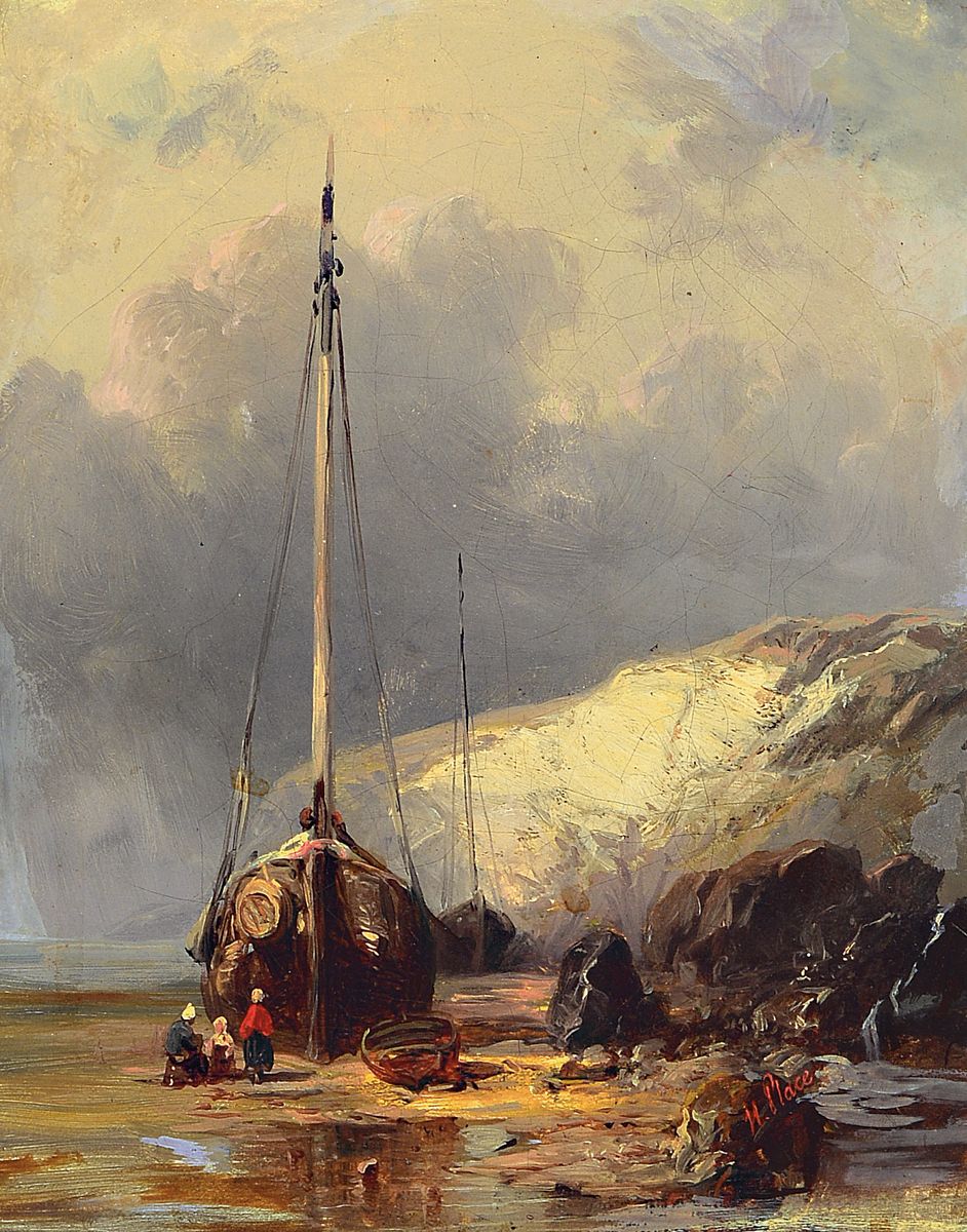 Henri Place, 1812-1880, Fischerboot am Strand mit den wartenden Frauen, Öl/Lwd, rechts unten signiert, ca. 27x21.5cm, Prunkrahmen mit Namensschild ...
