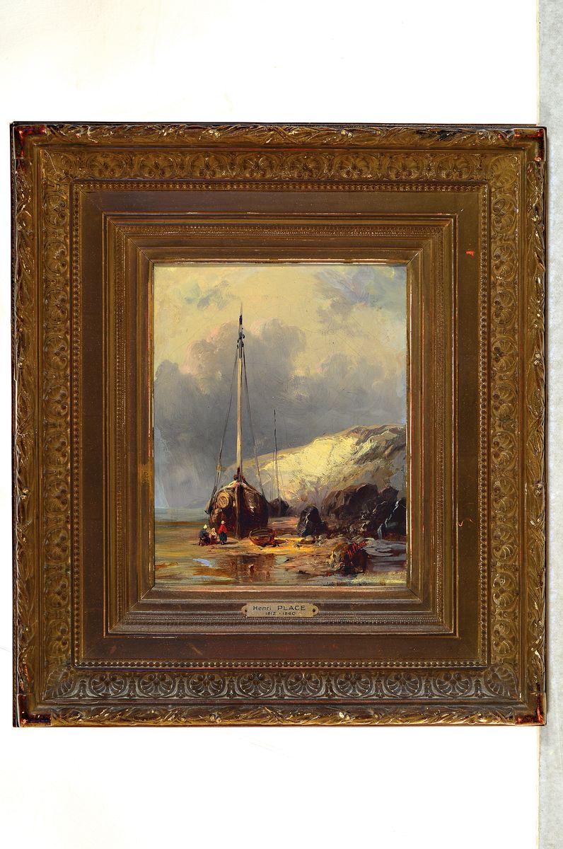 Detail k: Henri Place, 1812-1880, Fischerboot am Strand mit den wartenden Frauen, Öl/Lwd, rechts unten signiert, ca. 27x21.5cm, Prunkrahmen mit Namensschild ...