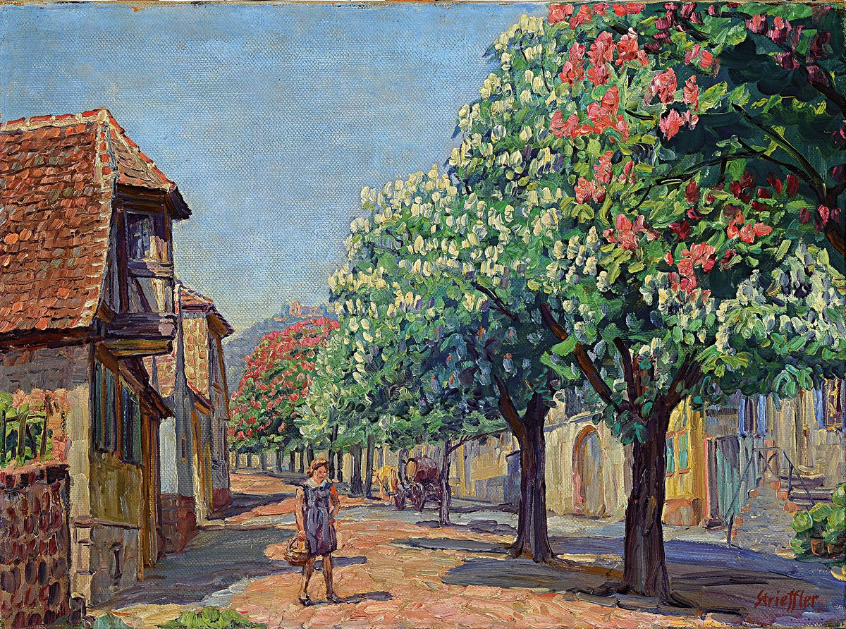 Heinrich Strieffler, 1872 Neustadt - 1949 Landau, Studium an der Akademie in München, hier: blühende Kastanien in Roth, Öl/Lwd, re. u. signiert, ...