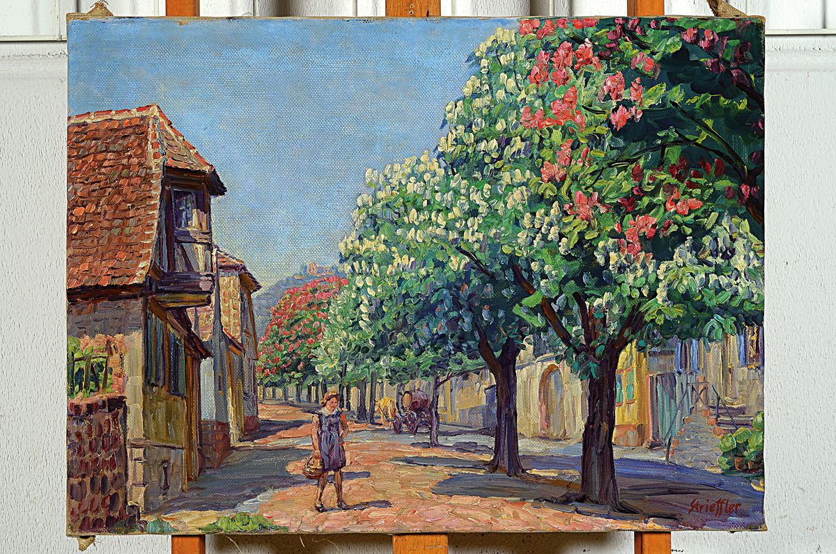Detail k: Heinrich Strieffler, 1872 Neustadt - 1949 Landau, Studium an der Akademie in München, hier: blühende Kastanien in Roth, Öl/Lwd, re. u. signiert, ...