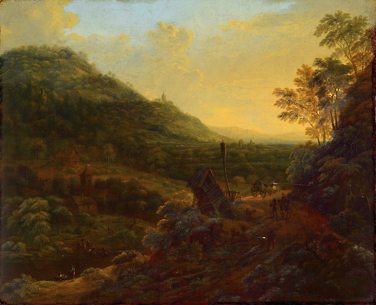 Niederländischer Romantiker, 17./18. Jh., weite Landschaft mit Blick ins Tal, mit Personenstaffage, Öl/Lwd, unsigniert, ältere Restaurierung, ...