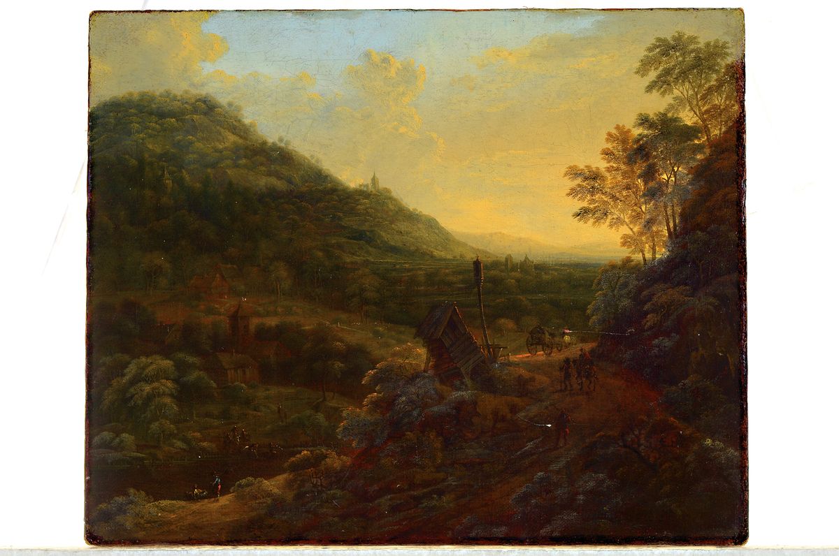 Detail k: Niederländischer Romantiker, 17./18. Jh., weite Landschaft mit Blick ins Tal, mit Personenstaffage, Öl/Lwd, unsigniert, ältere Restaurierung, ...