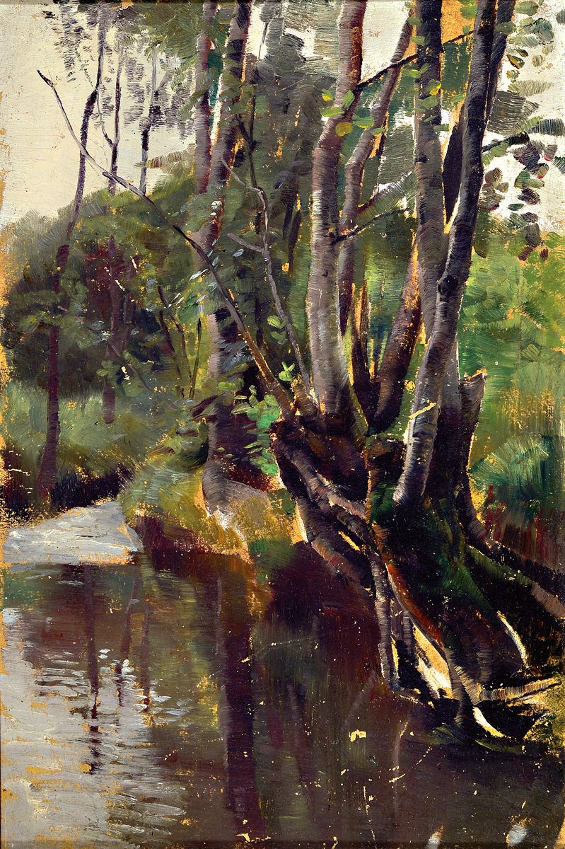 Prof. Otto Reiniger, 1863 - 1909, Bäume am Fluss, Tachensee bei Korntal, Dez. 1909, so rückseitig bezeichnet auf Etikett, unsigniert, ca. 37.5 x 25 ...