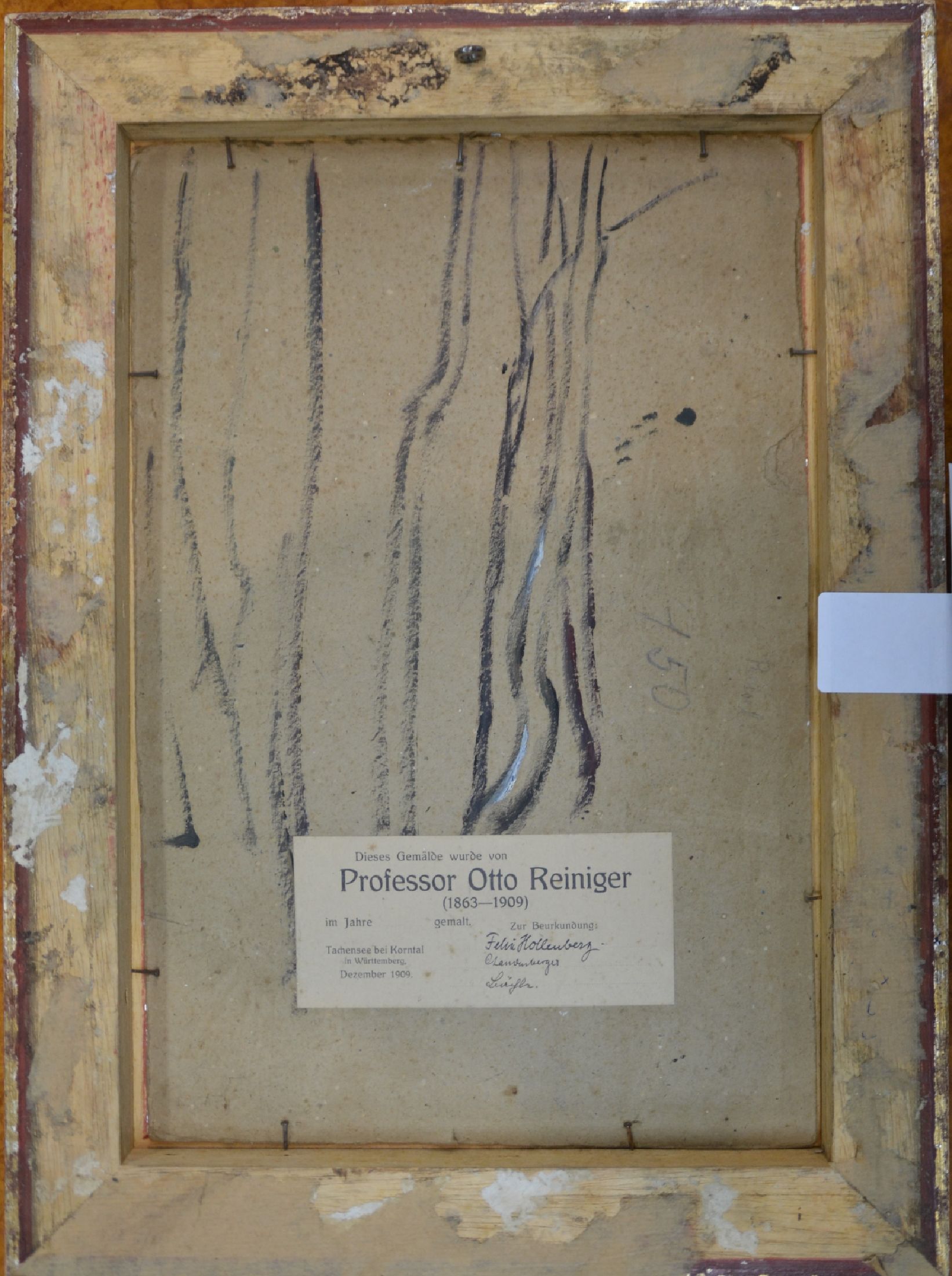 Detail b: Prof. Otto Reiniger, 1863 - 1909, Bäume am Fluss, Tachensee bei Korntal, Dez. 1909, so rückseitig bezeichnet auf Etikett, unsigniert, ca. 37.5 x 25 ...