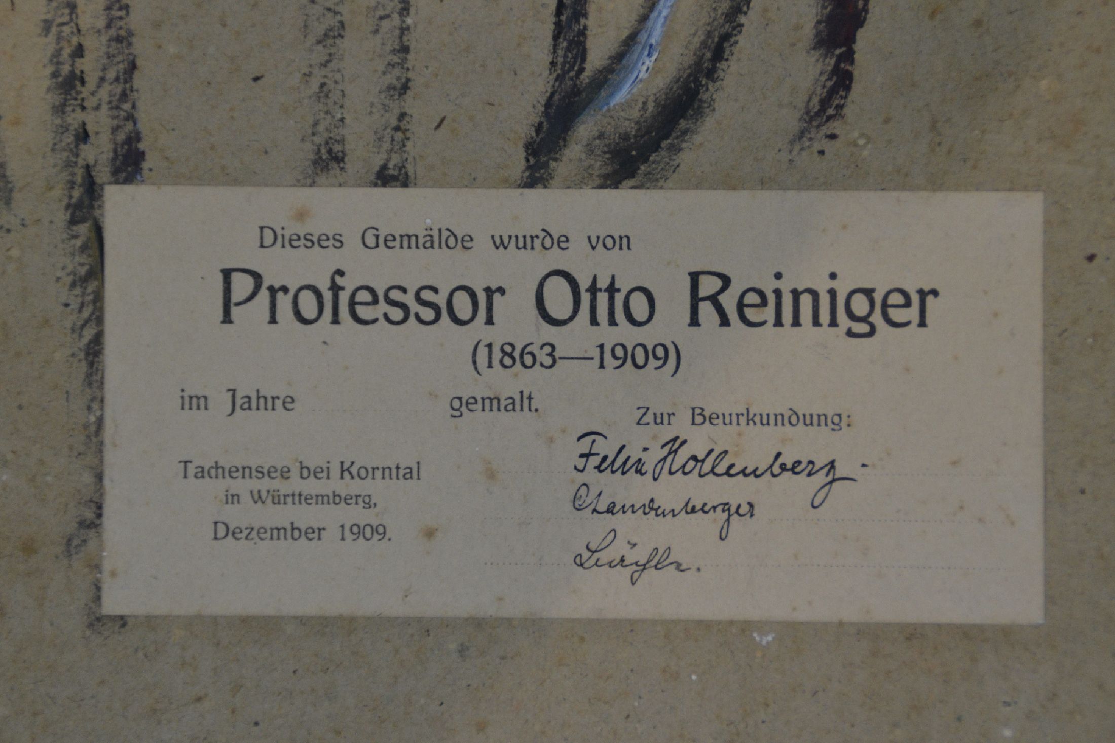 Detail c: Prof. Otto Reiniger, 1863 - 1909, Bäume am Fluss, Tachensee bei Korntal, Dez. 1909, so rückseitig bezeichnet auf Etikett, unsigniert, ca. 37.5 x 25 ...