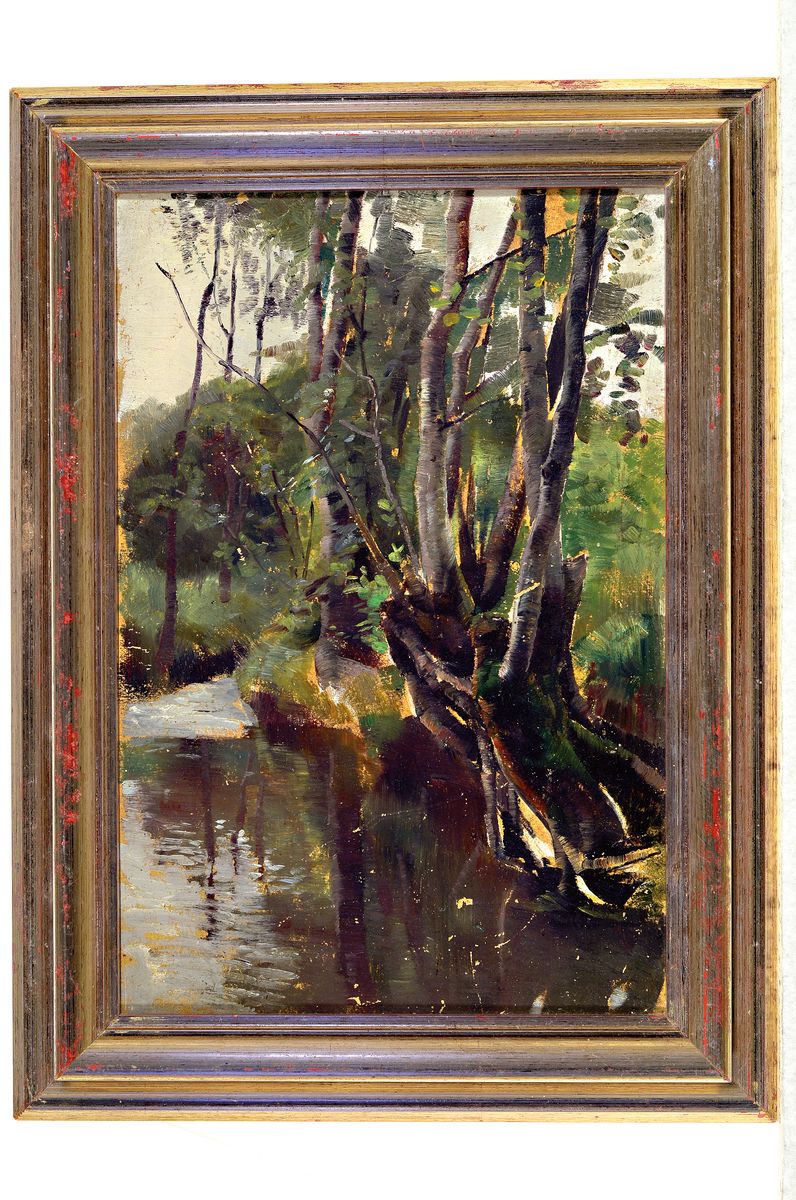 Detail k: Prof. Otto Reiniger, 1863 - 1909, Bäume am Fluss, Tachensee bei Korntal, Dez. 1909, so rückseitig bezeichnet auf Etikett, unsigniert, ca. 37.5 x 25 ...