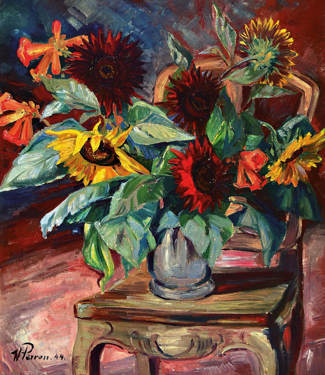 Walter Perron, 1885 Frankenthal-1972 Ludwigshafen, Blumenstillleben mit Stuhl, Öl/Lwd, li. u. signiert und dat. 44, ca. 80x 70 cm, Rahmen 90 x 80 cm