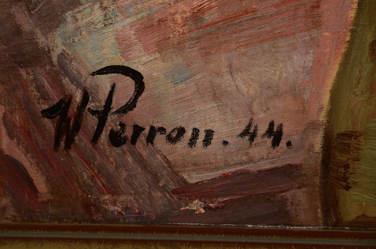 Detail a: Walter Perron, 1885 Frankenthal-1972 Ludwigshafen, Blumenstillleben mit Stuhl, Öl/Lwd, li. u. signiert und dat. 44, ca. 80x 70 cm, Rahmen 90 x 80 cm