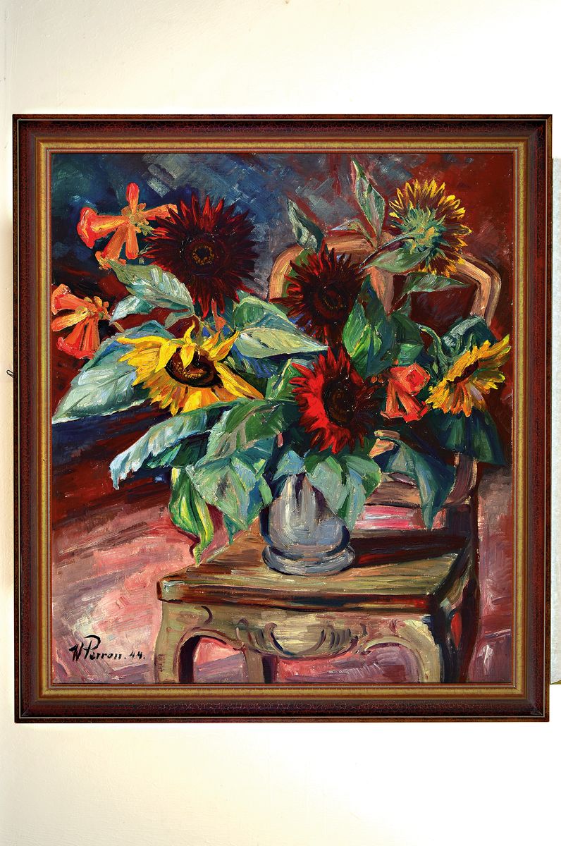 Detail k: Walter Perron, 1885 Frankenthal-1972 Ludwigshafen, Blumenstillleben mit Stuhl, Öl/Lwd, li. u. signiert und dat. 44, ca. 80x 70 cm, Rahmen 90 x 80 cm