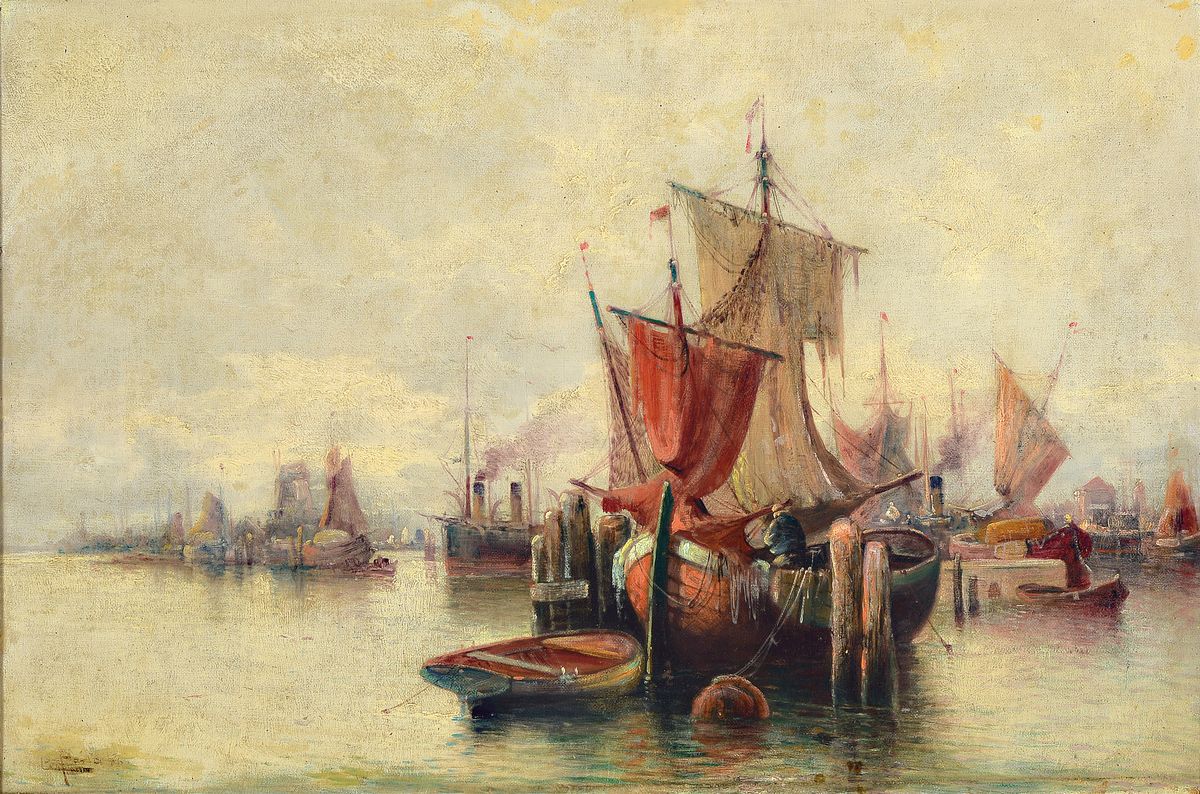 Karl Kaufmann, 1843-1902/05, wohl niederländischer Hafen mit Booten, Öl/Lwd, ältere Restauration und leichte Altersschäden,krakeliert, signiert ...