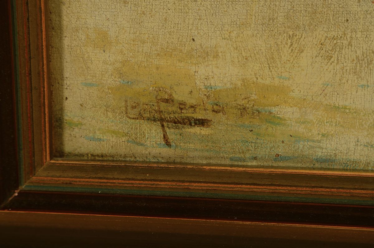 Detail a: Karl Kaufmann, 1843-1902/05, wohl niederländischer Hafen mit Booten, Öl/Lwd, ältere Restauration und leichte Altersschäden,krakeliert, signiert ...