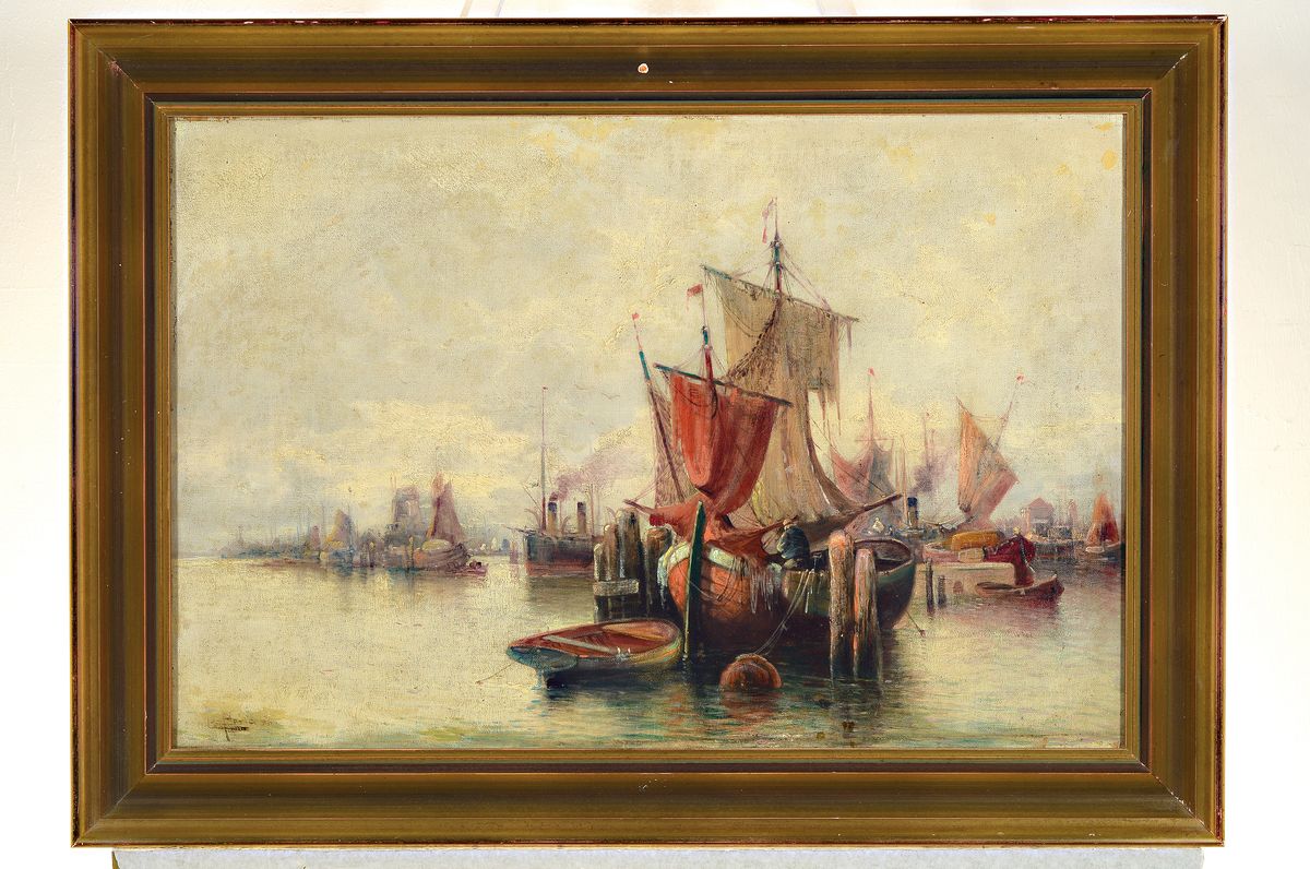 Detail k: Karl Kaufmann, 1843-1902/05, wohl niederländischer Hafen mit Booten, Öl/Lwd, ältere Restauration und leichte Altersschäden,krakeliert, signiert ...