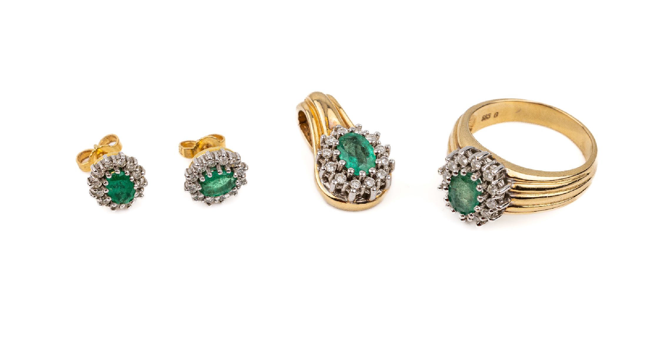 14 kt Gold Brillant-Smaragd-Schmuckset, GG/WG 585/000, best. aus: 1 Ring, RW 58, ovalfacett. Smaragd ca. 0.90 ct, umgeben von 12 Brillanten zus. ca. ...