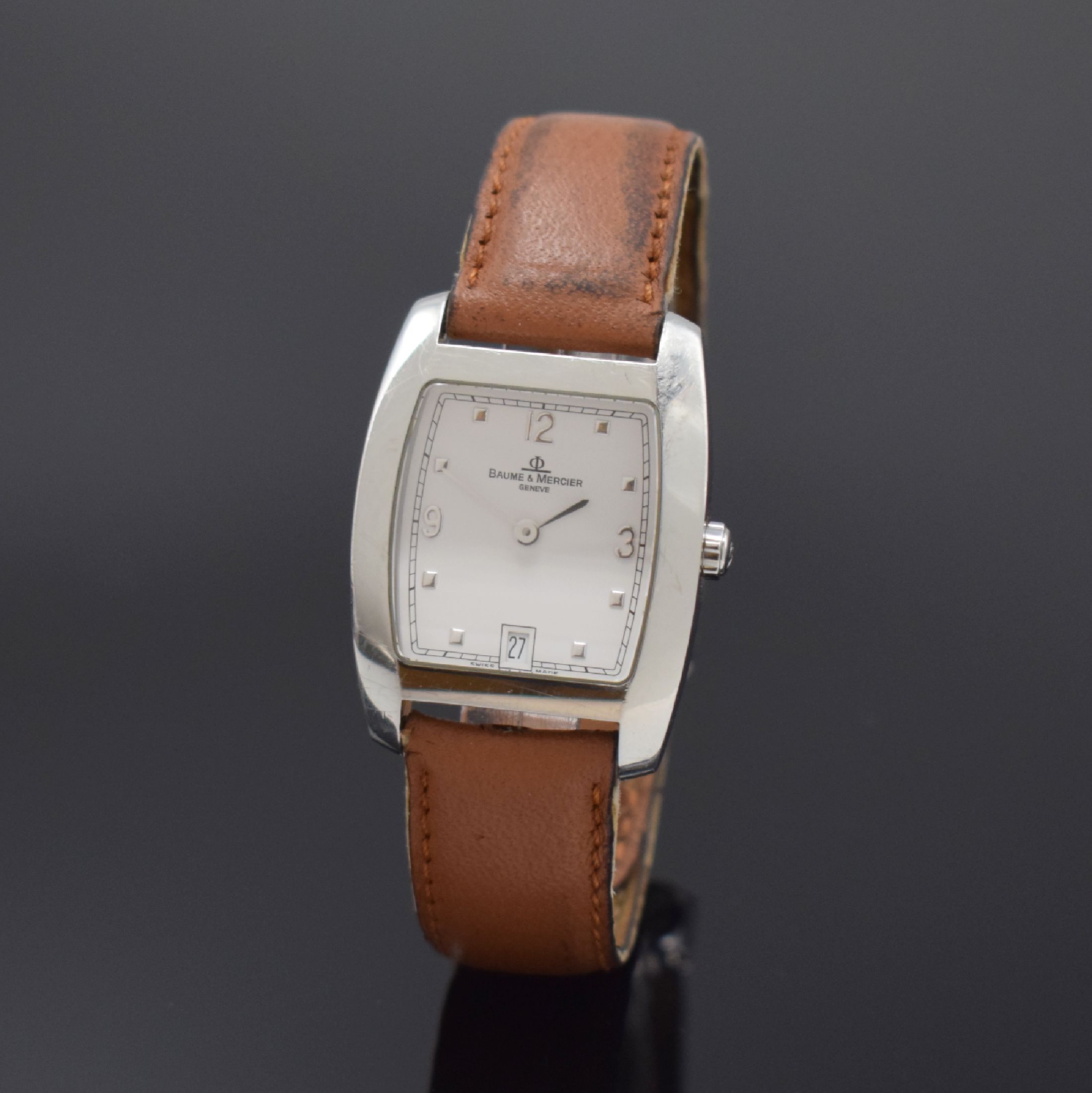BAUME & MERCIER Hampton Armbanduhr in Stahl Referenz MV045147, Schweiz um 2010, quarz, Boden gedr., Lederband m. orig. Faltschl., weißes Zifferbl. ...