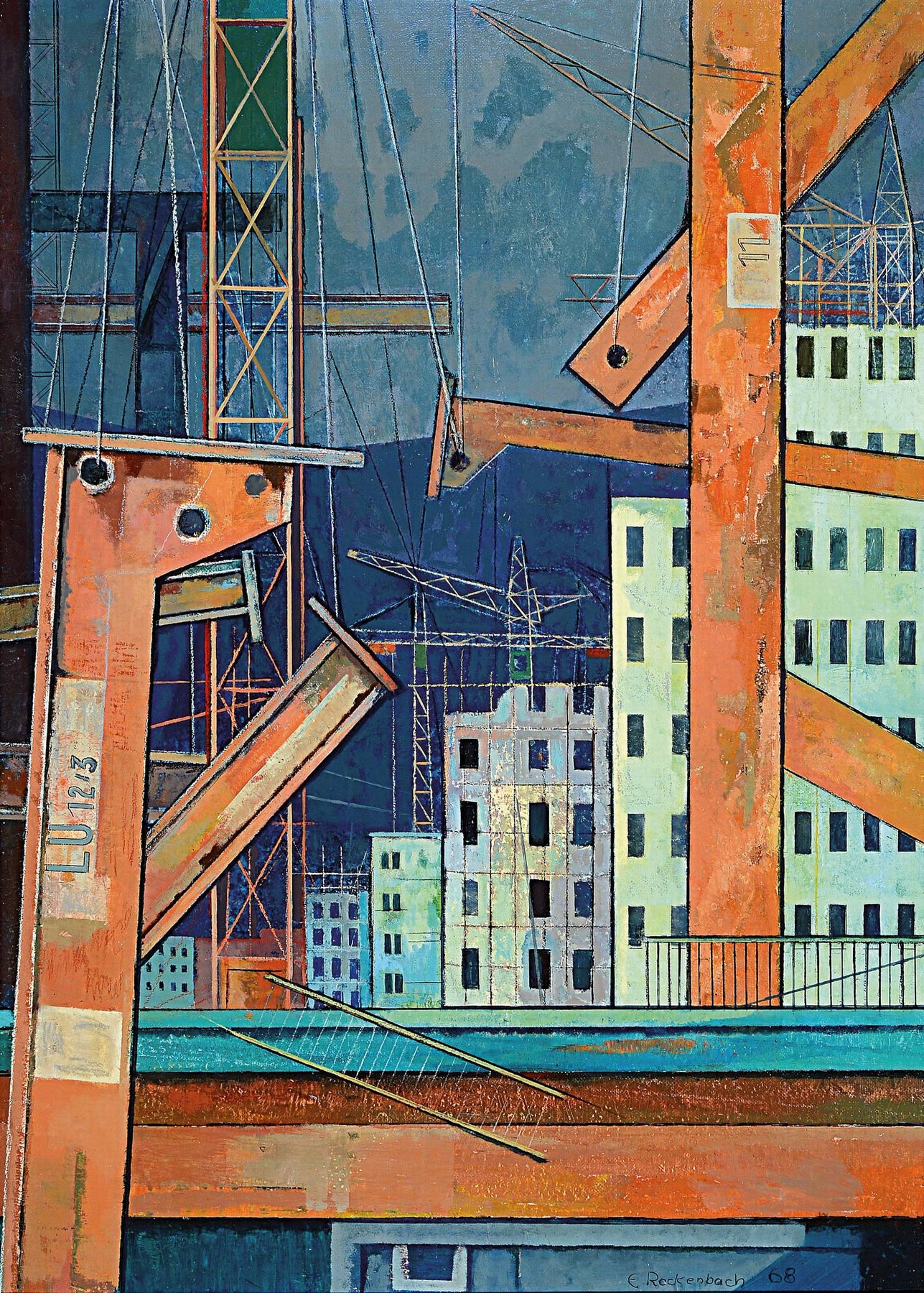 Erich Rockenbach, 1911-1984 Ludwigshafen am Rhein, Ansicht eines Bauprojektes in Ludwigshafen, Acryl auf Hartfaser, rechts unten signiert und dat. ...