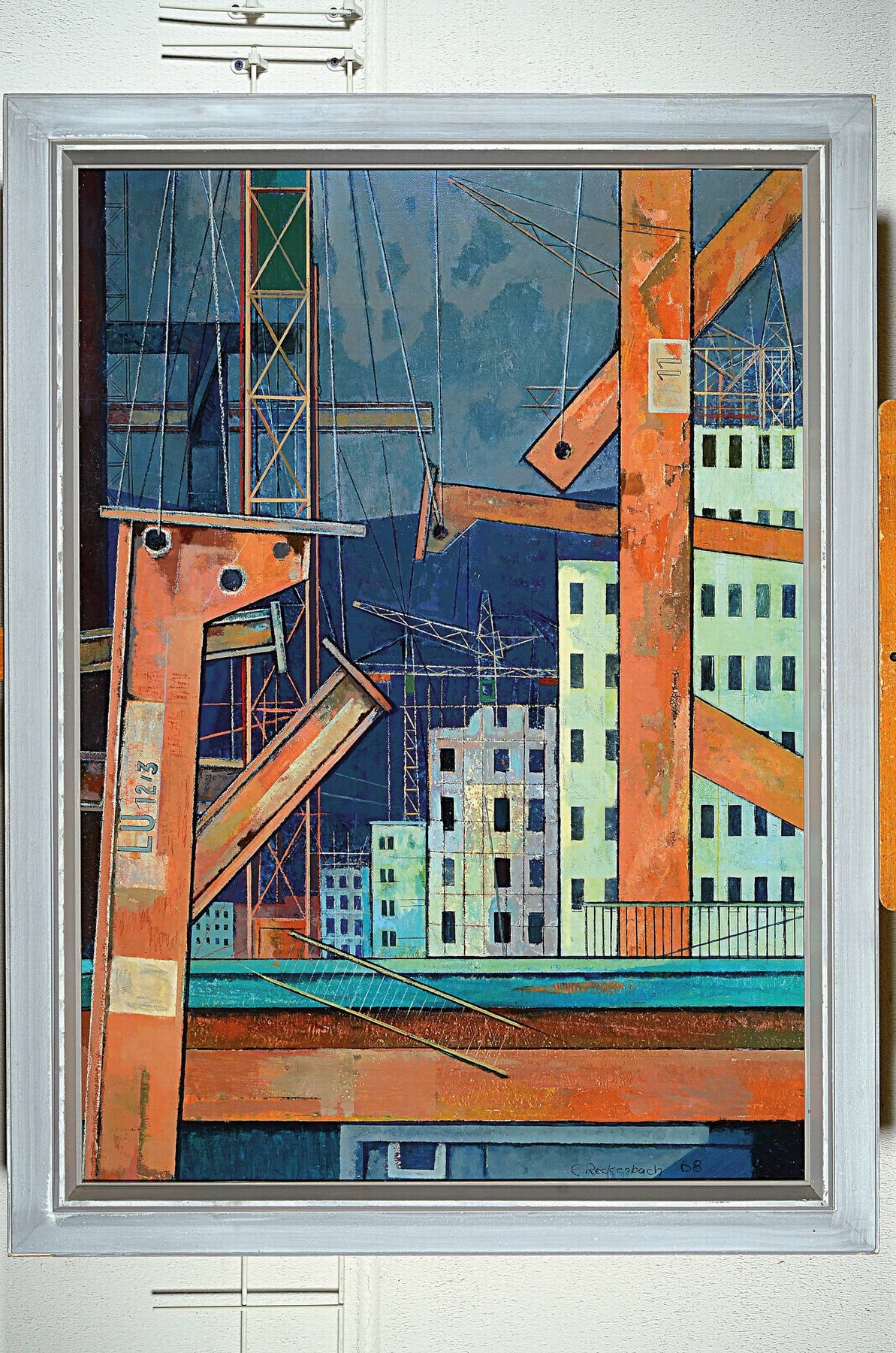 Detail k: Erich Rockenbach, 1911-1984 Ludwigshafen am Rhein, Ansicht eines Bauprojektes in Ludwigshafen, Acryl auf Hartfaser, rechts unten signiert und dat. ...