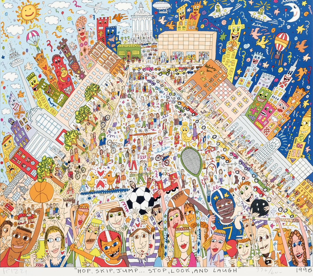 James Rizzi, 1950-2011, Hop, Skip, Jump... Stop, Look and Laugh, Farblithographie von 1996, handsigniert, num. 376/600, ca. 43x47cm, u.Gl., R. ca. ...
