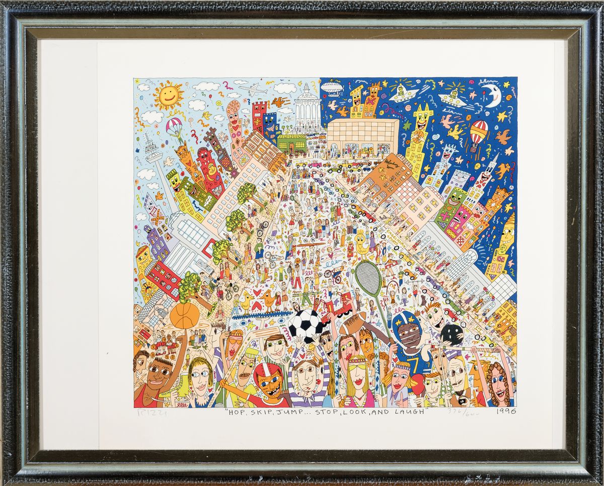 Detail k: James Rizzi, 1950-2011, Hop, Skip, Jump... Stop, Look and Laugh, Farblithographie von 1996, handsigniert, num. 376/600, ca. 43x47cm, u.Gl., R. ca. ...