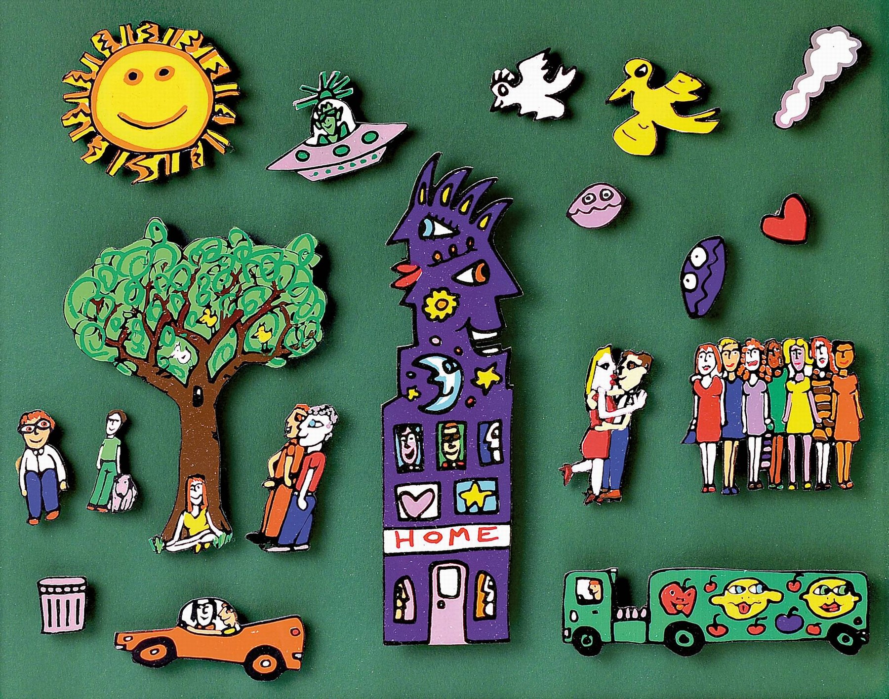 James Rizzi, 1950-2011, 18 Magnete versch. Größen in einem Rahmen ca. 33x29cm bzw. 37x42cm