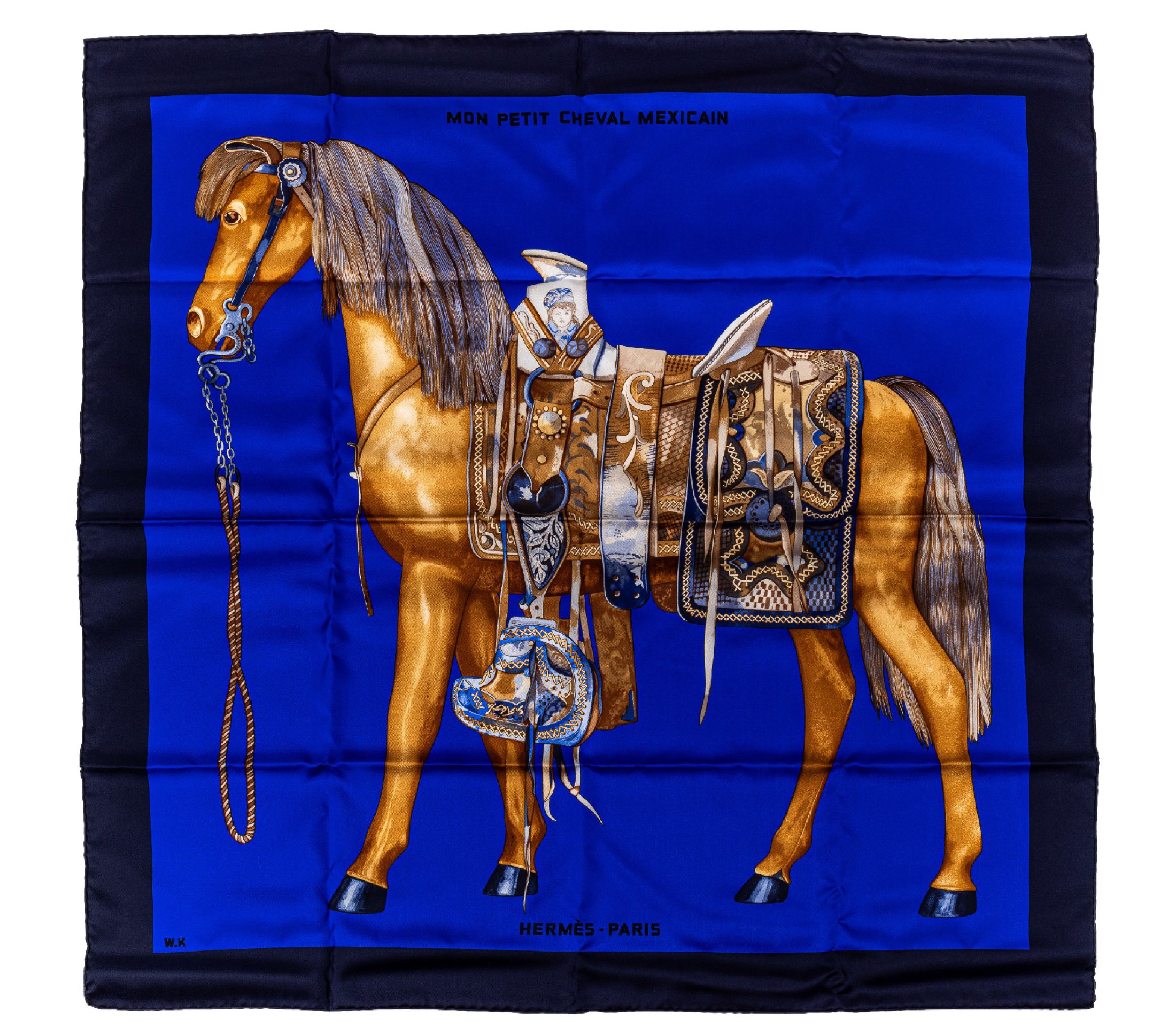 HERMES Carree, "Mon Petit Cheval Mexicain", Made in France, 100 % Seide, Grund hellblau mit dunkelblauem Rand, mittig goldf. Pferd ...