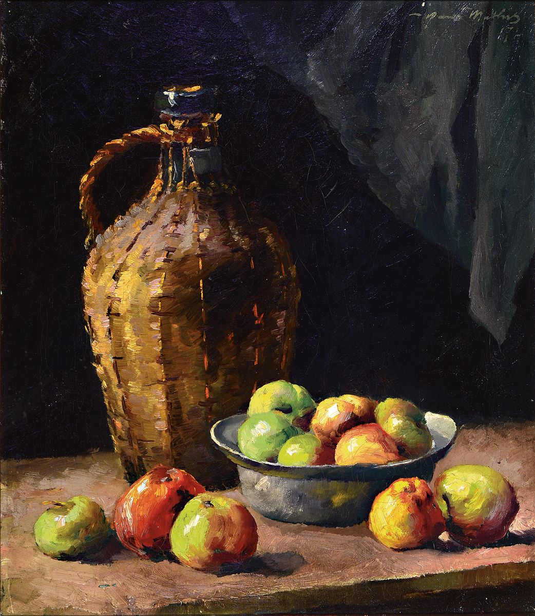 Hans Mathis, 1882-1942, zwei Stillleben, 1. Stillleben mit Weinflasche und Obst, signiert und dat. 17, ca. 60 x 52 cm, R. 2. Jagdstillleben mit ...