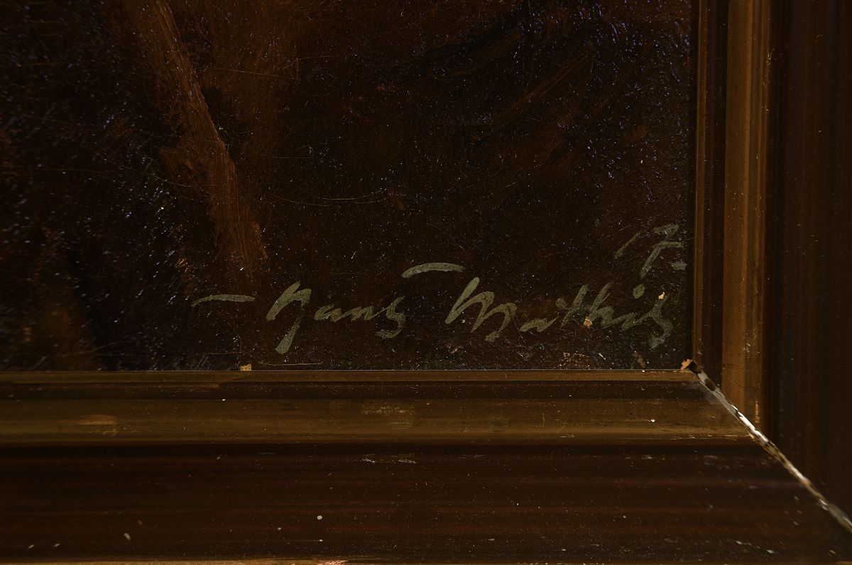 Detail a: Hans Mathis, 1882-1942, zwei Stillleben, 1. Stillleben mit Weinflasche und Obst, signiert und dat. 17, ca. 60 x 52 cm, R. 2. Jagdstillleben mit ...