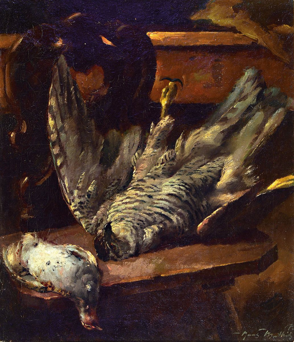 Detail b: Hans Mathis, 1882-1942, zwei Stillleben, 1. Stillleben mit Weinflasche und Obst, signiert und dat. 17, ca. 60 x 52 cm, R. 2. Jagdstillleben mit ...
