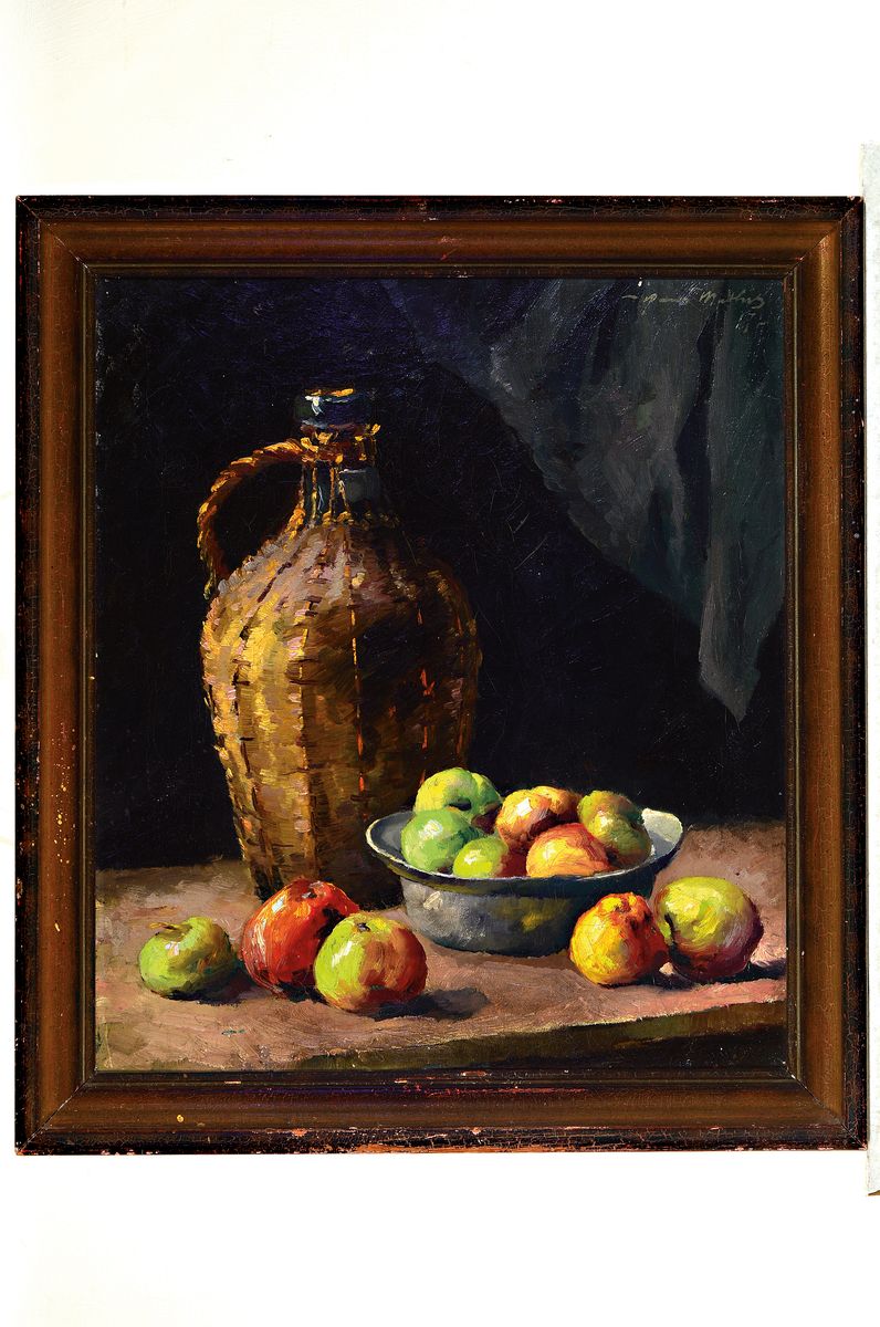 Detail k: Hans Mathis, 1882-1942, zwei Stillleben, 1. Stillleben mit Weinflasche und Obst, signiert und dat. 17, ca. 60 x 52 cm, R. 2. Jagdstillleben mit ...