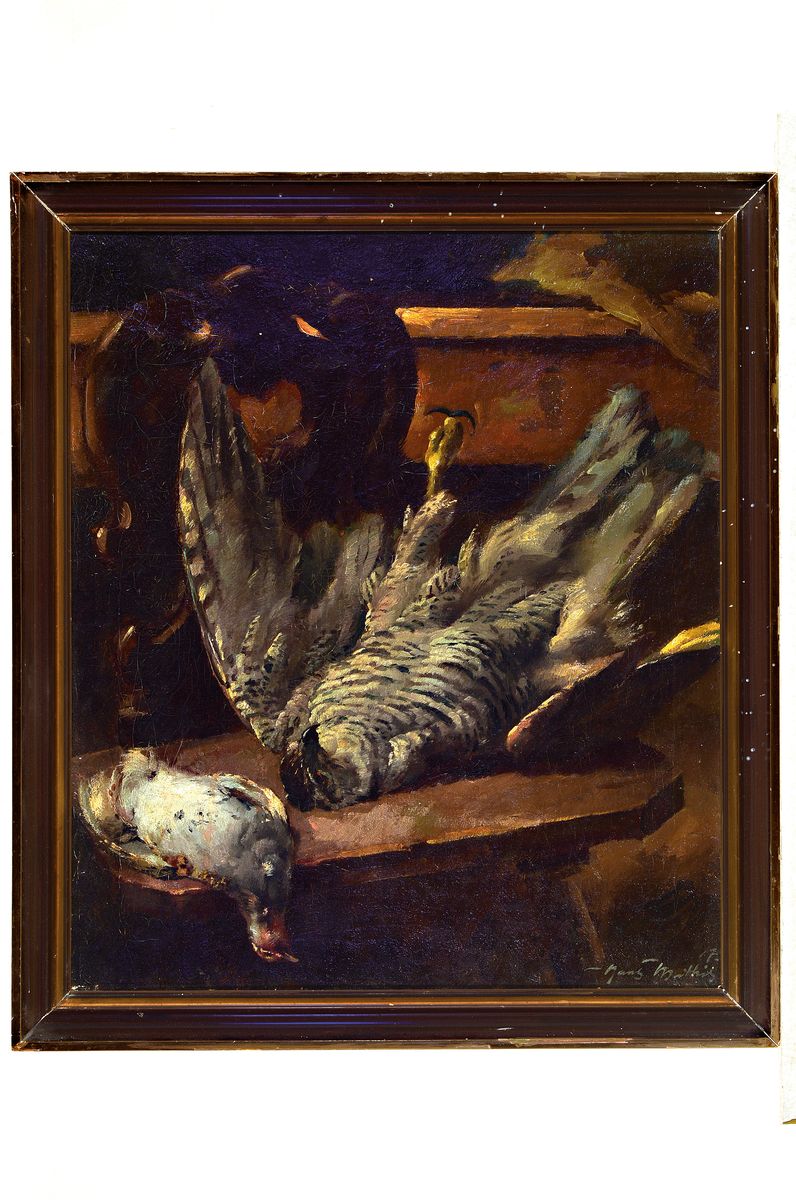 Detail m: Hans Mathis, 1882-1942, zwei Stillleben, 1. Stillleben mit Weinflasche und Obst, signiert und dat. 17, ca. 60 x 52 cm, R. 2. Jagdstillleben mit ...