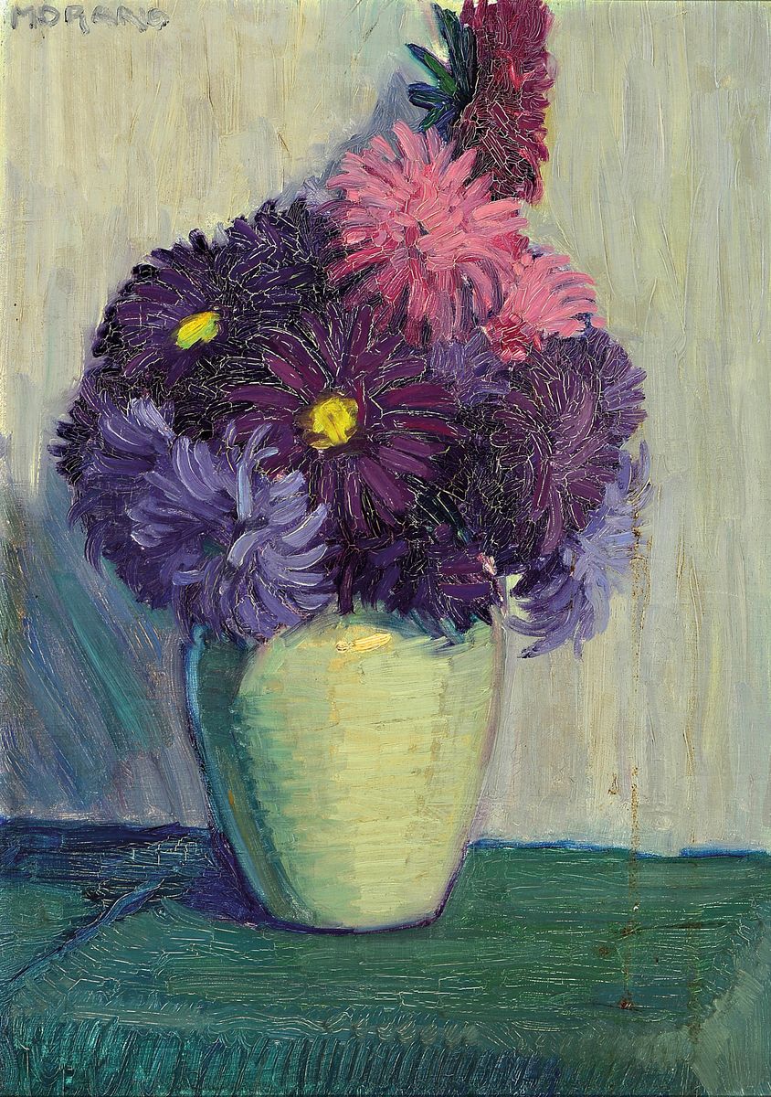 Wilhelm Morano, 1885 Weingarten -, nach 1930 Mannheim, Stillleben mit Dahlien, Öl/ Karton, signiert, l. verschmutzt, ca. 554 x 40cm, ...