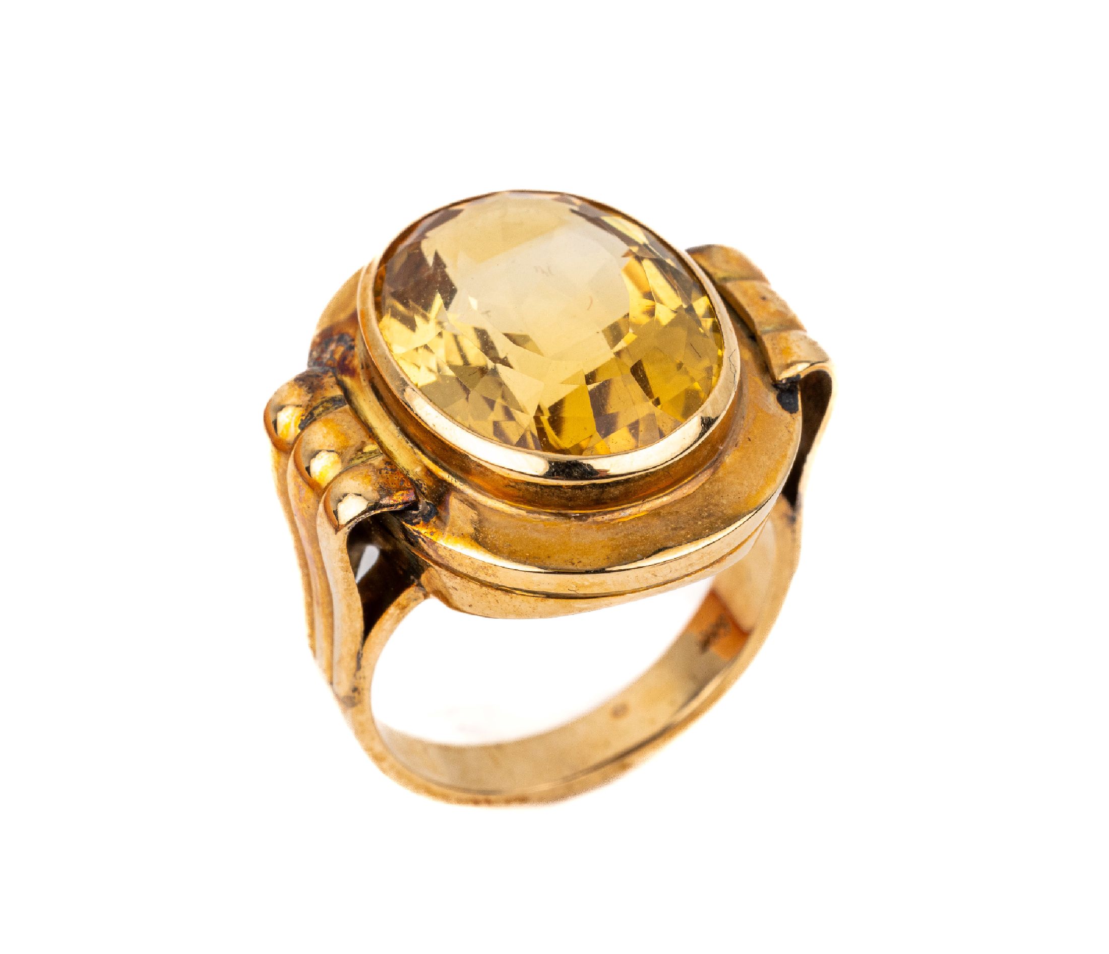 14 kt Gold Citrin-Ring, deutsch 1950/60er Jahre, GG 585/000, ovalfacett. Citrin ca. 12.00 ct, ca. 10.3 g, RW 51