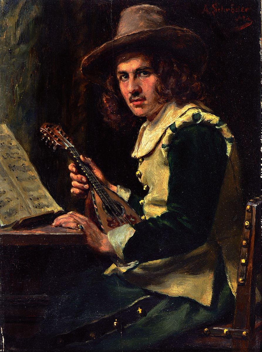 Albert Friedrich Schröder, 1854 Dresden-1939 München, Junger galanter Herr mit Laute und Notenblättern, Öl/Holz, rechts oben signiert, ca. ...