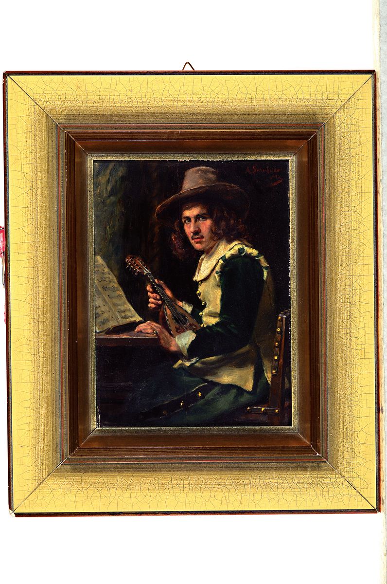 Detail k: Albert Friedrich Schröder, 1854 Dresden-1939 München, Junger galanter Herr mit Laute und Notenblättern, Öl/Holz, rechts oben signiert, ca. ...