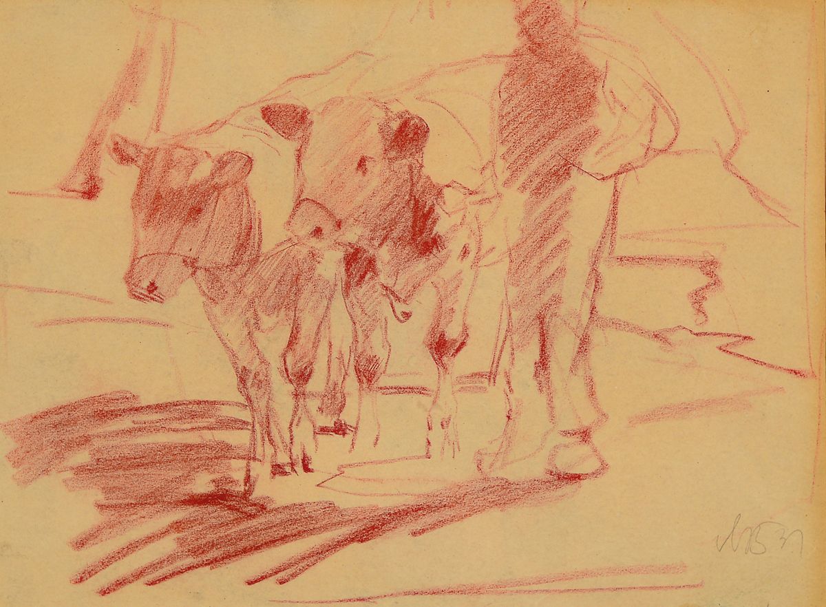 Max Bergmann, 1884 Fürstenberg-1955 Haimhausen, Bauer mit zwei Rindern, Rötelzeichnung auf Papier, rechts unten monogrammiert und dat. 31, ca. ...
