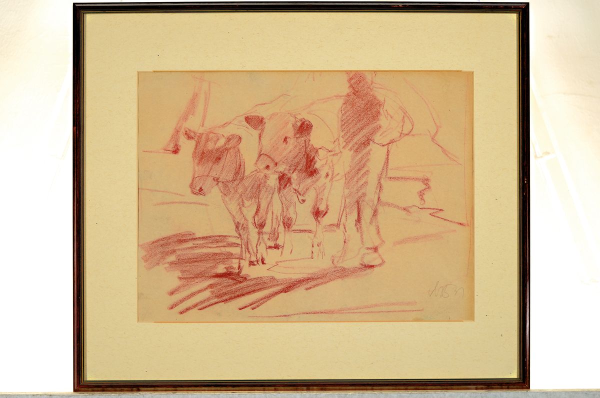 Detail k: Max Bergmann, 1884 Fürstenberg-1955 Haimhausen, Bauer mit zwei Rindern, Rötelzeichnung auf Papier, rechts unten monogrammiert und dat. 31, ca. ...