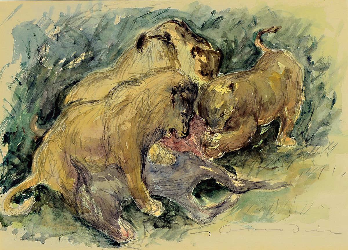 Otto Dill, 1884 Neustadt/Weinstr.-1957 Bad Dürkheim, vier Löwen beim Fressen der Beute, Aquarell über Bleistift auf Papier, rechts unten signiert, ...