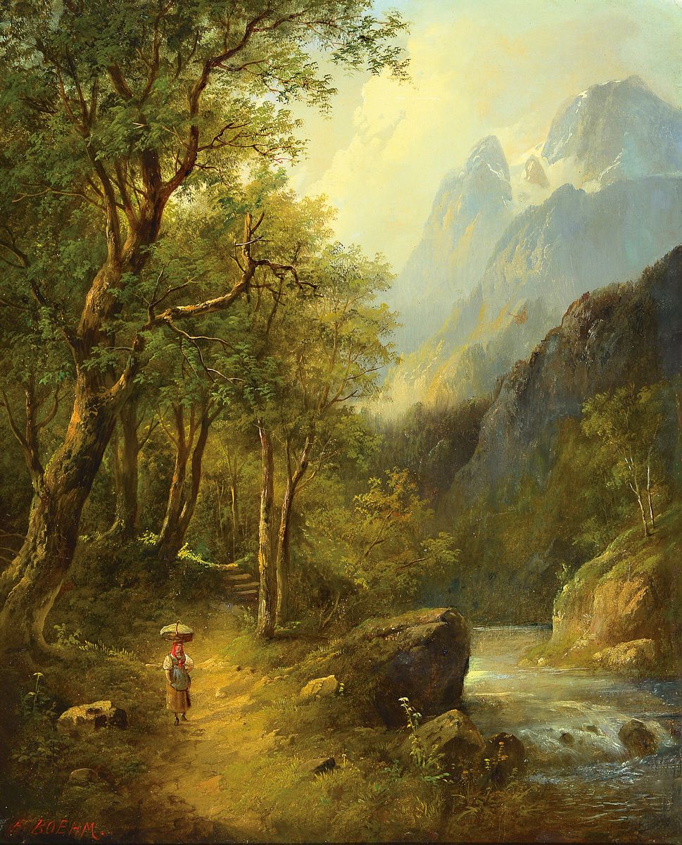 Eduard Böhm, 1830-1890 Wien, Frau mit Schirm am Ufer eines Wildbaches in alpiner Landschaft, ÖL/Lwd, links unten sign., ca. 68x55cm, R. ca. ...