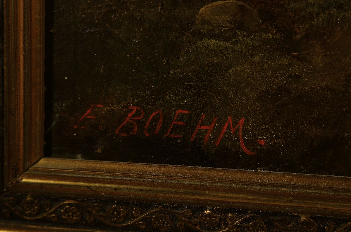 Detail a: Eduard Böhm, 1830-1890 Wien, Frau mit Schirm am Ufer eines Wildbaches in alpiner Landschaft, ÖL/Lwd, links unten sign., ca. 68x55cm, R. ca. ...