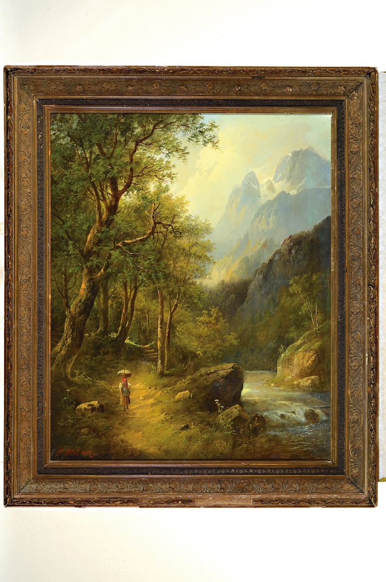 Detail k: Eduard Böhm, 1830-1890 Wien, Frau mit Schirm am Ufer eines Wildbaches in alpiner Landschaft, ÖL/Lwd, links unten sign., ca. 68x55cm, R. ca. ...