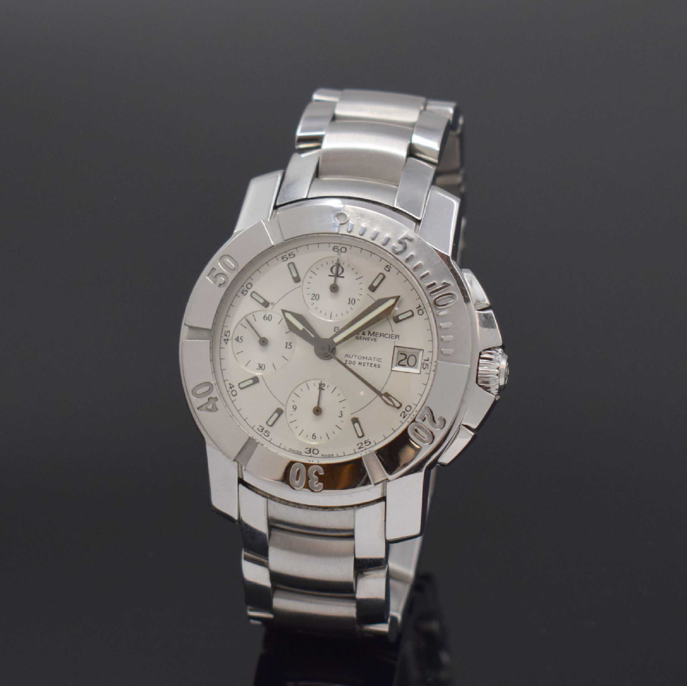 BAUME & MERCIER Capeland Herrenarmbanduhr mit Chronograph Referenz 65352, Schweiz um 2005, Automatik, verschr. Edelstahlgeh., eins. drehb. Lünette, ...