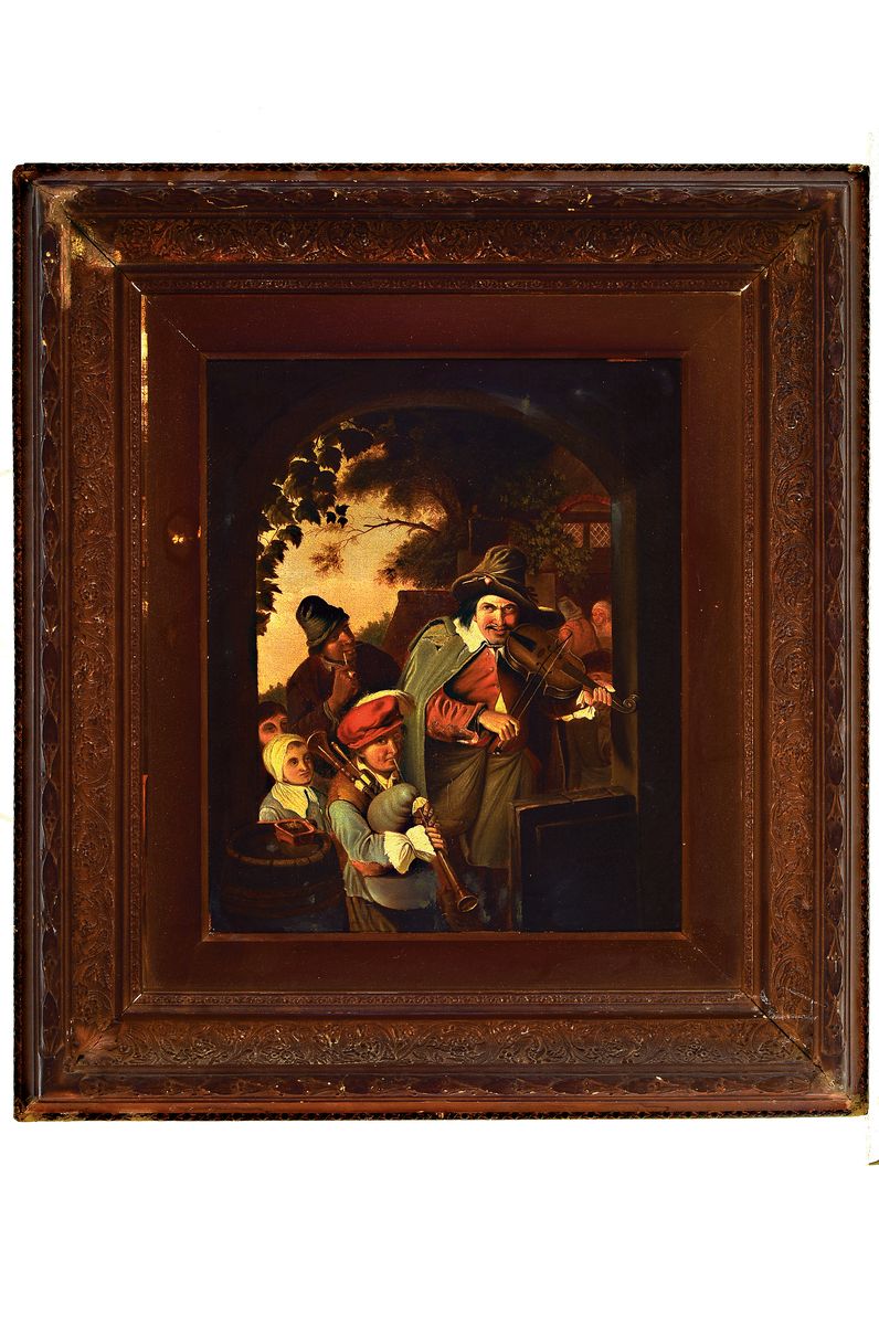 Detail k: Unbekannter Künstler, wohl Niederlande, um 1830-40, Musikanten vor der Tür, Öl/Lwd, rest., links unten monogr. C.M.V., ca. 47x37cm, R. ca. 72x64cm