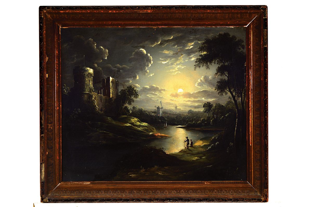 Detail k: Zuschreibung: Sebastian Pether, 1793-Battersea 1844, Vollmond über holländischer Landschaft mit Windmühle, See und Ruine, zwei Männer am Seeufer, ...
