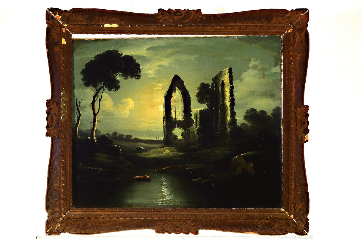 Detail k: Zuschreibung: Sebastian Pether, 1793-Battersea 1844, Vollmond über einer Ruinenlandschaft, Öl/Lwd, doubliert, mit Altersschäden und kleineren ...
