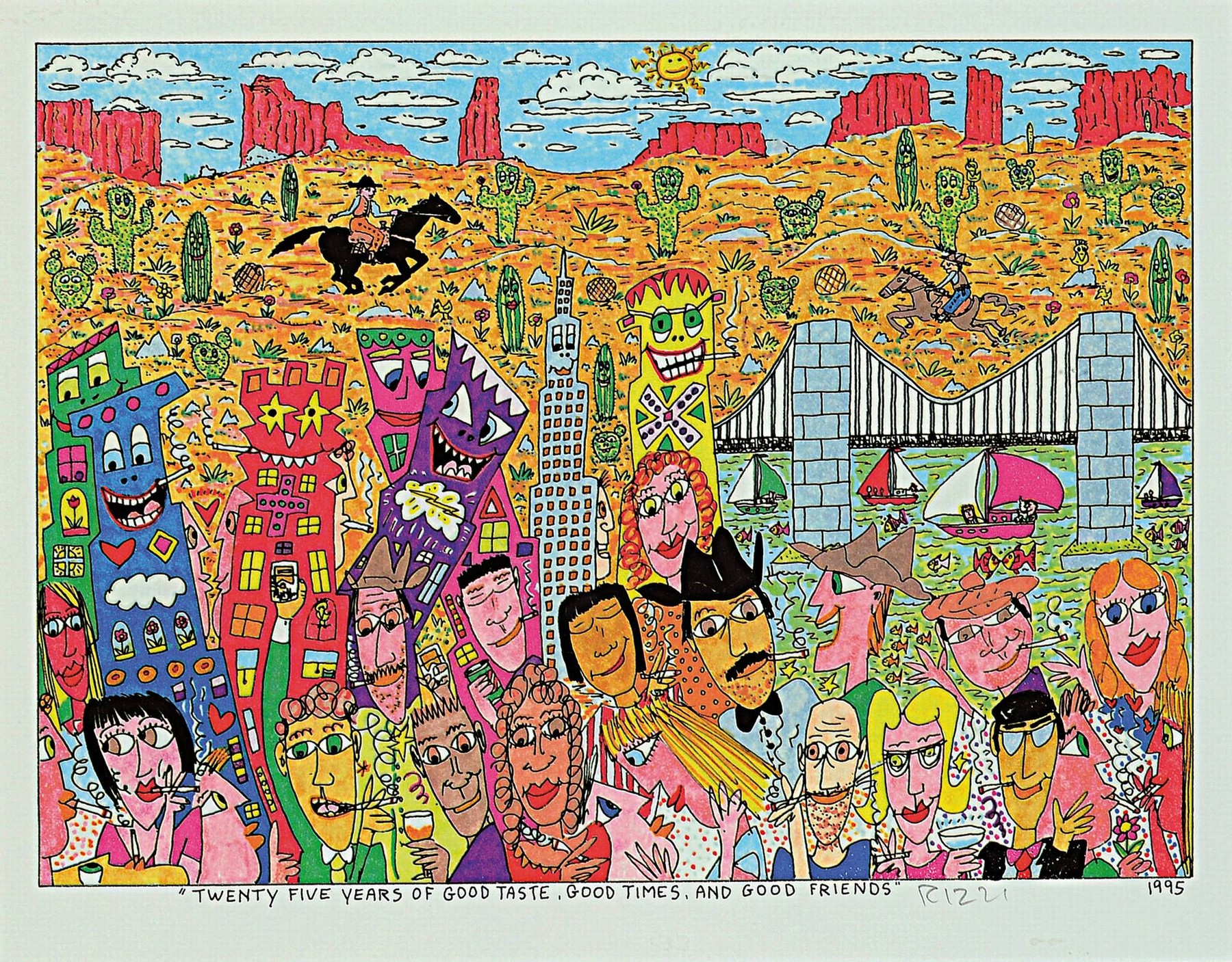 James Rizzi, 1950-2011 New York, twenty five years of good taste, good times and good friends, Farbserigraphie von 1995 zum 25-jährigen Jubiläum ...
