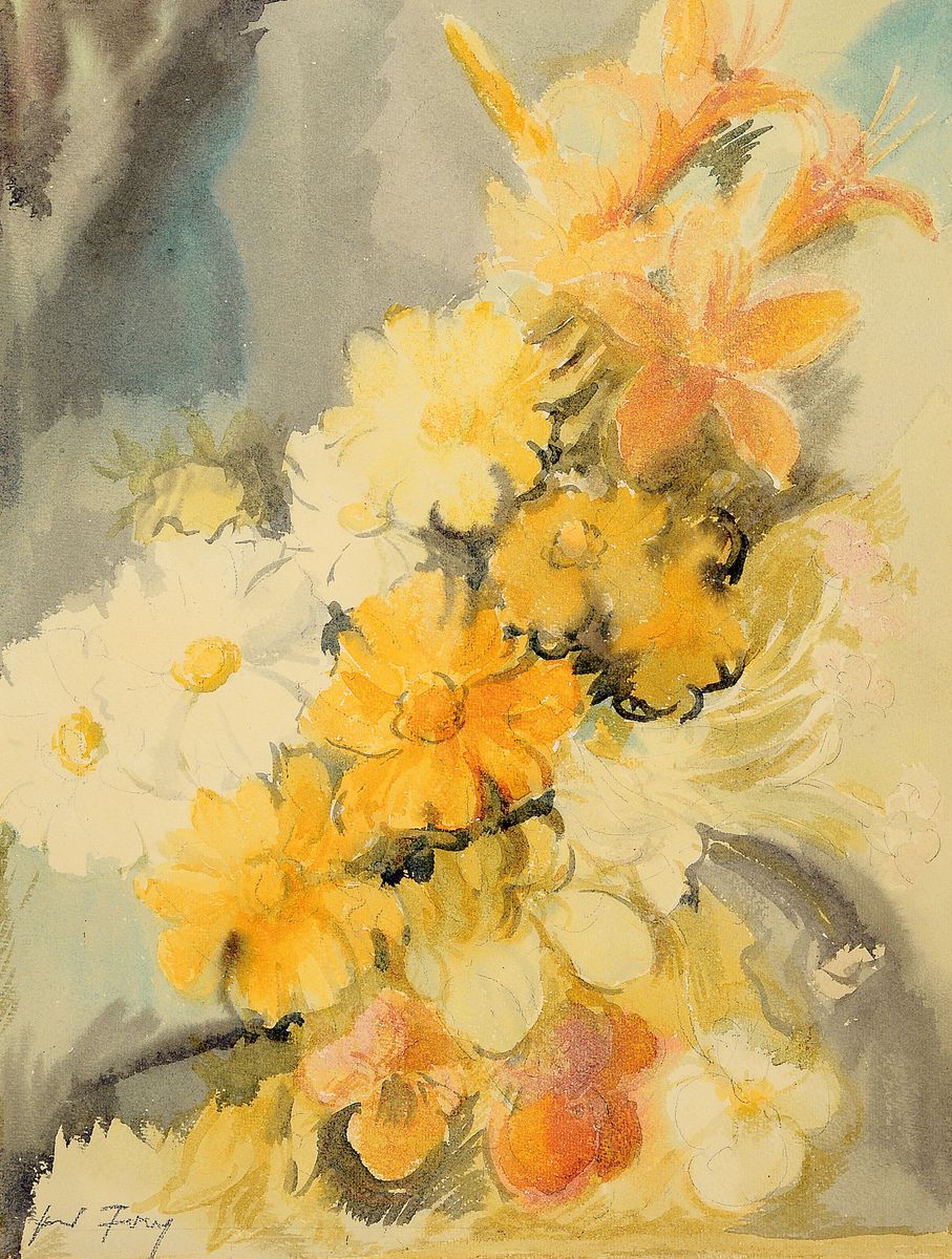 Hanns Fay, 1888 Frankenthal-1957 Neustadt/Weinstr., Blumenstillleben, Aquarell auf Papier, links unten sign., ca. 59x45cm, PP, u.Gl., R. ca. 77x60cm