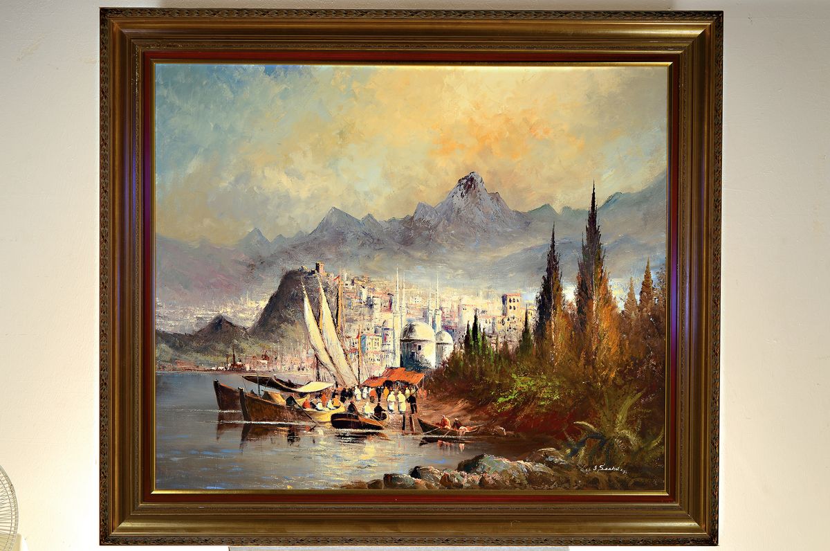 Detail k: Günter Seekatz, geb. 1928 Langenberg, Fischerboote vor einer orientalischen Hafenstadt, Öl/Lwd, rechts unten signiert, rückseitig datiert 1974, ...