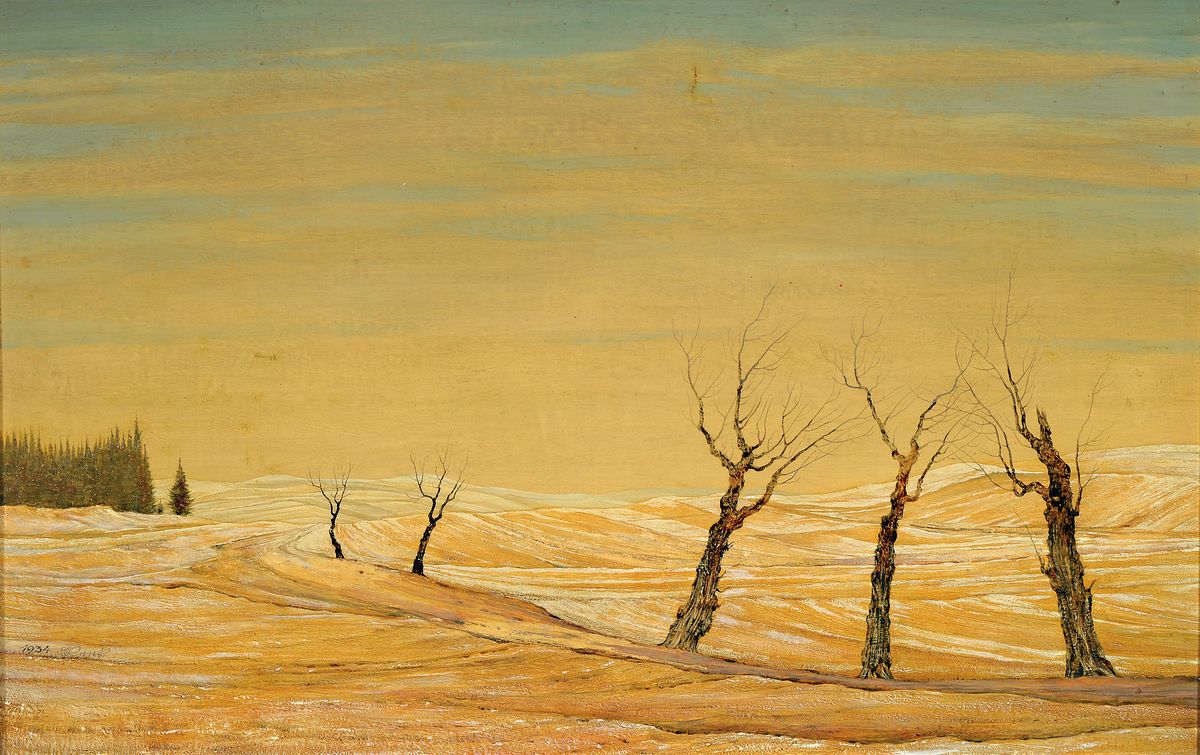 Franz Lenk, 1898 Langenbernsdorf- 1968 Schwäbisch Hall, kleine Winterlandschaft, Öl/Platte, li. und signiert und dat. 1934, rückseitig altes ...