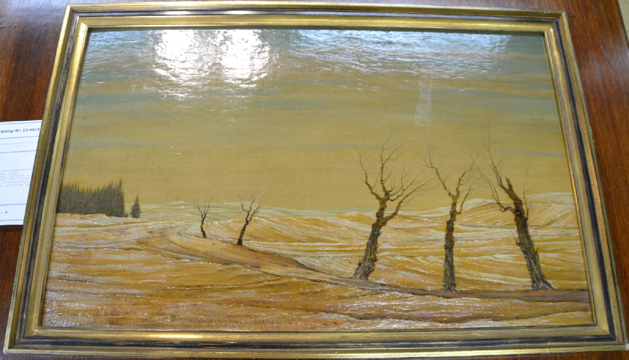 Detail b: Franz Lenk, 1898 Langenbernsdorf- 1968 Schwäbisch Hall, kleine Winterlandschaft, Öl/Platte, li. und signiert und dat. 1934, rückseitig altes ...
