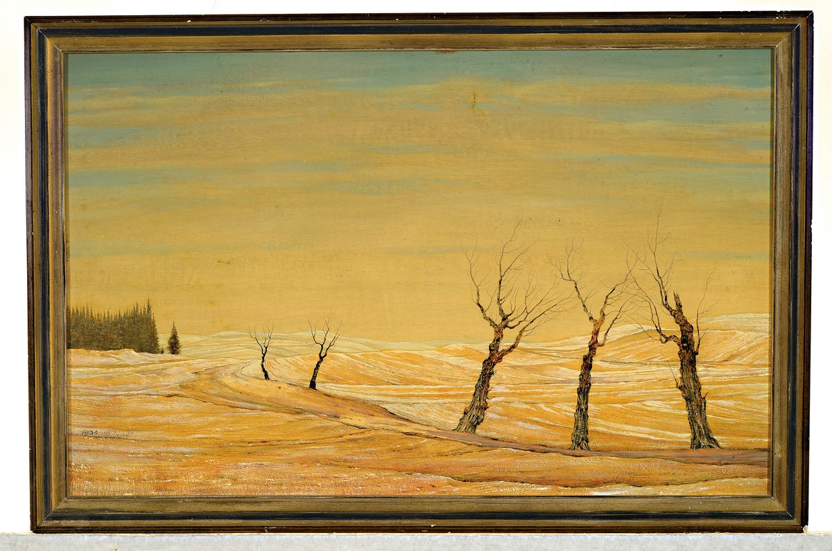 Detail k: Franz Lenk, 1898 Langenbernsdorf- 1968 Schwäbisch Hall, kleine Winterlandschaft, Öl/Platte, li. und signiert und dat. 1934, rückseitig altes ...