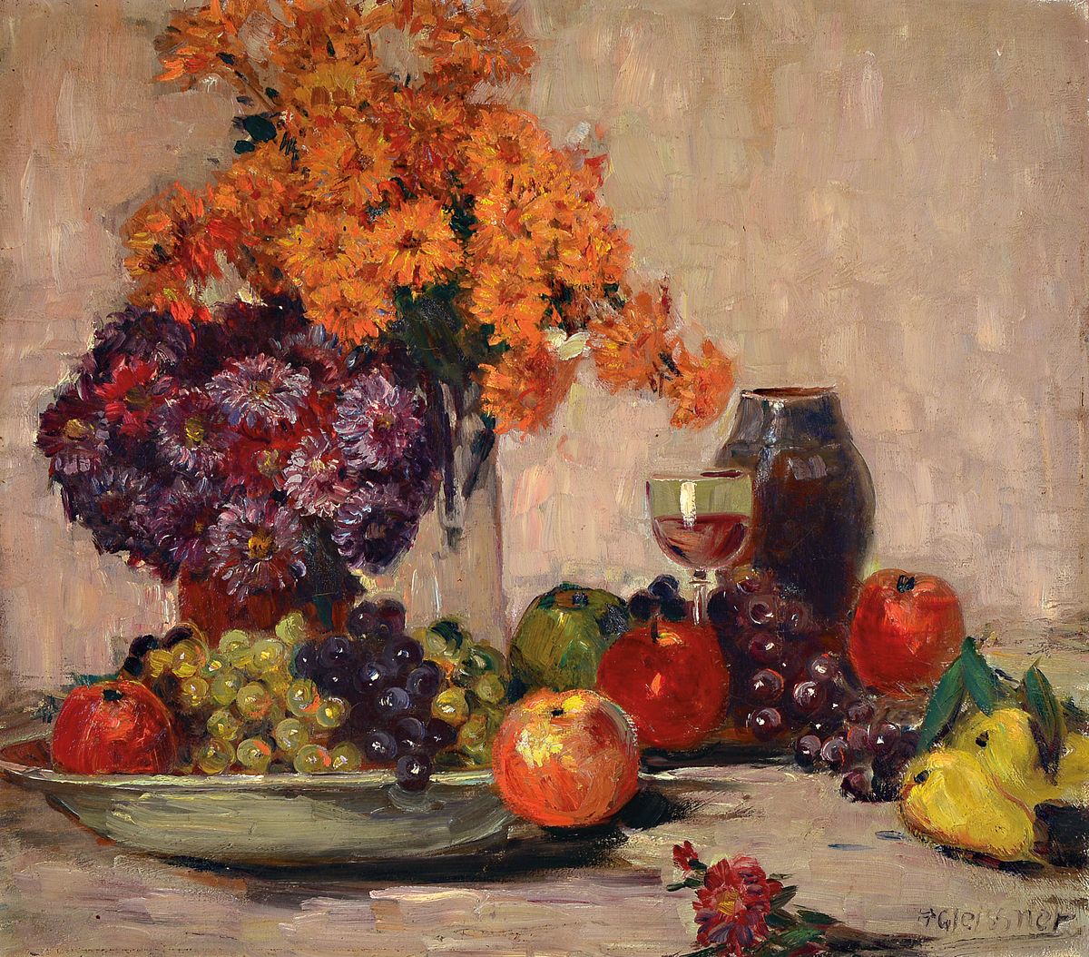 Hans Gleissner, 1880-1935 Berlin, Stillleben mit Astern und Früchten, Öl/Lwd, re. u. signiert, ca. 67 x, 75 cm, Rahmen